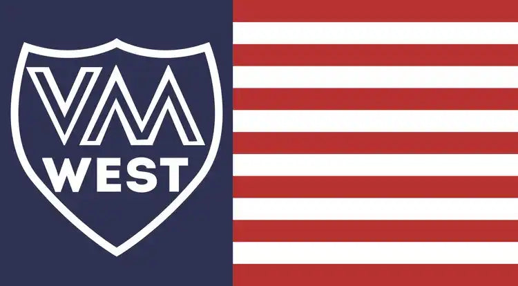 Red and white striped flag with navy blue shield logo.